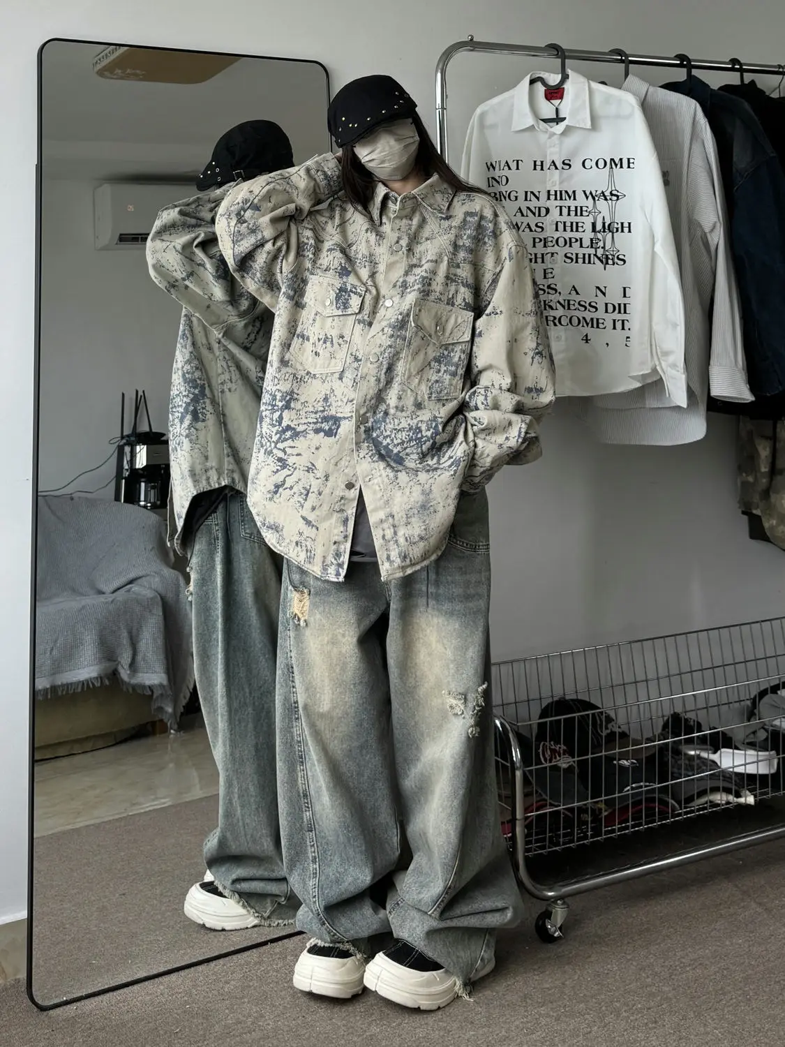 

​​Vintage Distressed Denim Jacket Unisex American Streetwear Oversized Utility Shacket Tie-Dye Print All Seasons Chic​​