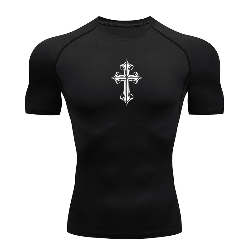 Cross Print Compression Shirts for Men Athletic Quick Dry Tshirt Tees Tops Gym Workout Running Rash Guard Baselayers Undershirts