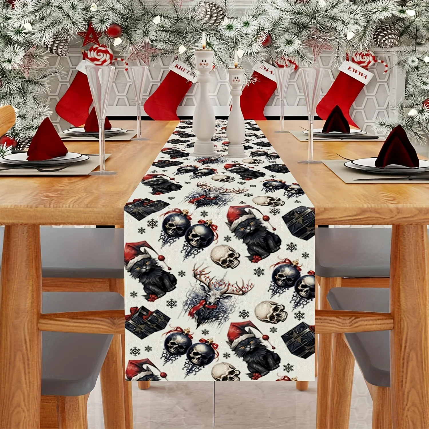

Christmas Cat Table Runner for Kitchen Dining Decor, Farmhouse Party, Seasonal Winter Holiday Home Decoration