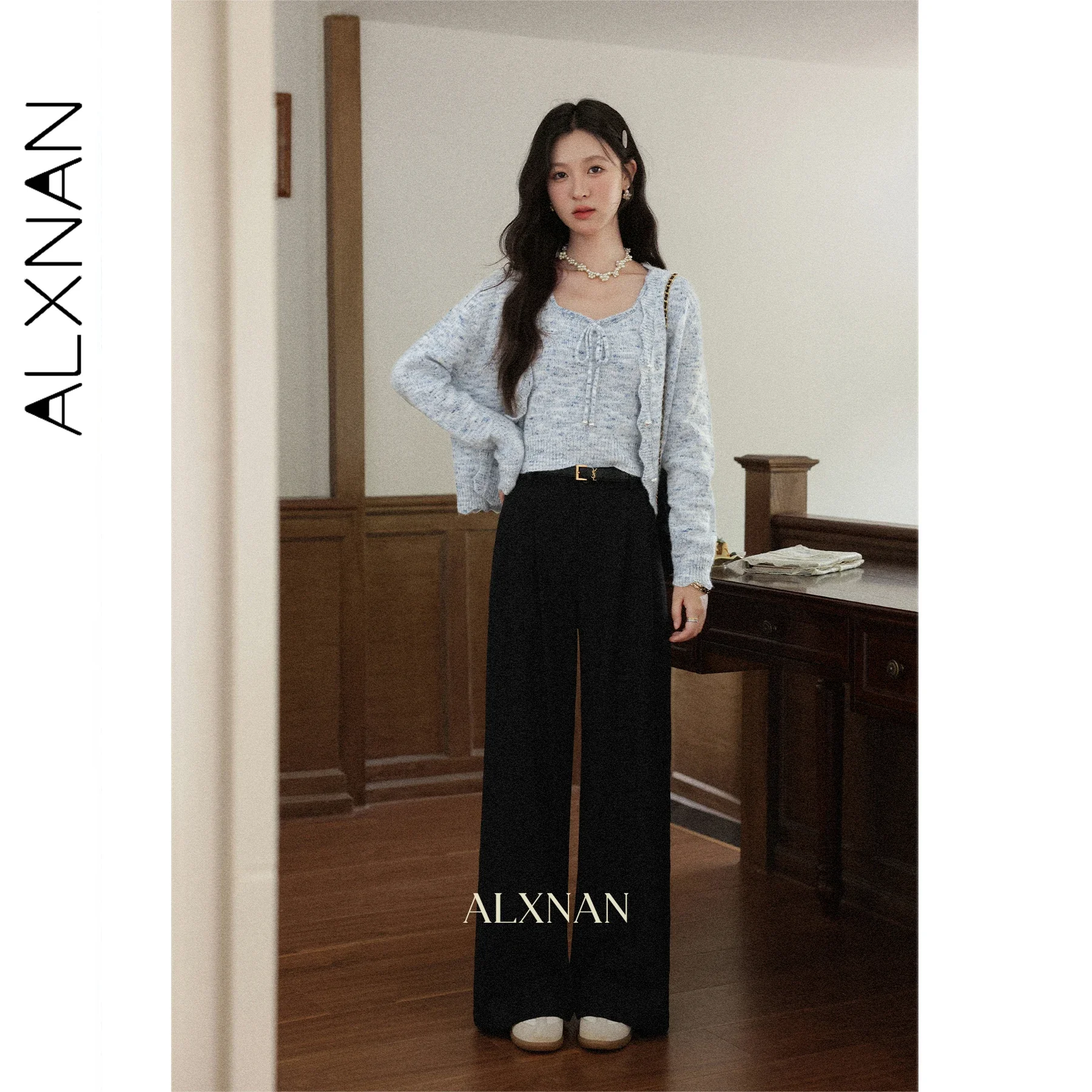ALXNAN Women's Black Pants Straight Flowy Wide-leg Trousers 3D Embossed Pattern Wrinkle-resistant Fabric Casual Pants L57109