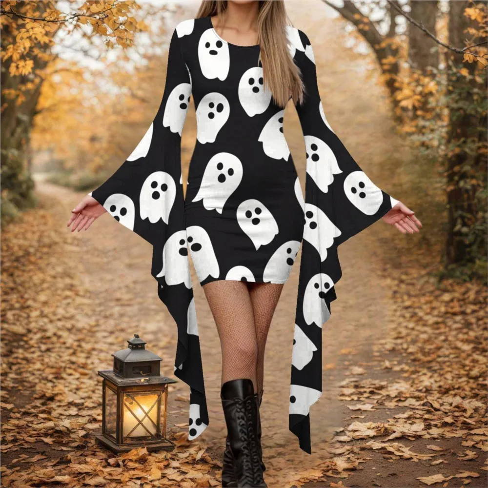 

Women's Sexy Nightclub Christmas Printed Dresses Autumn Slim Fit Hip Irregular Bat Long Sleeve Women's Mini Christmas Skirt 2025