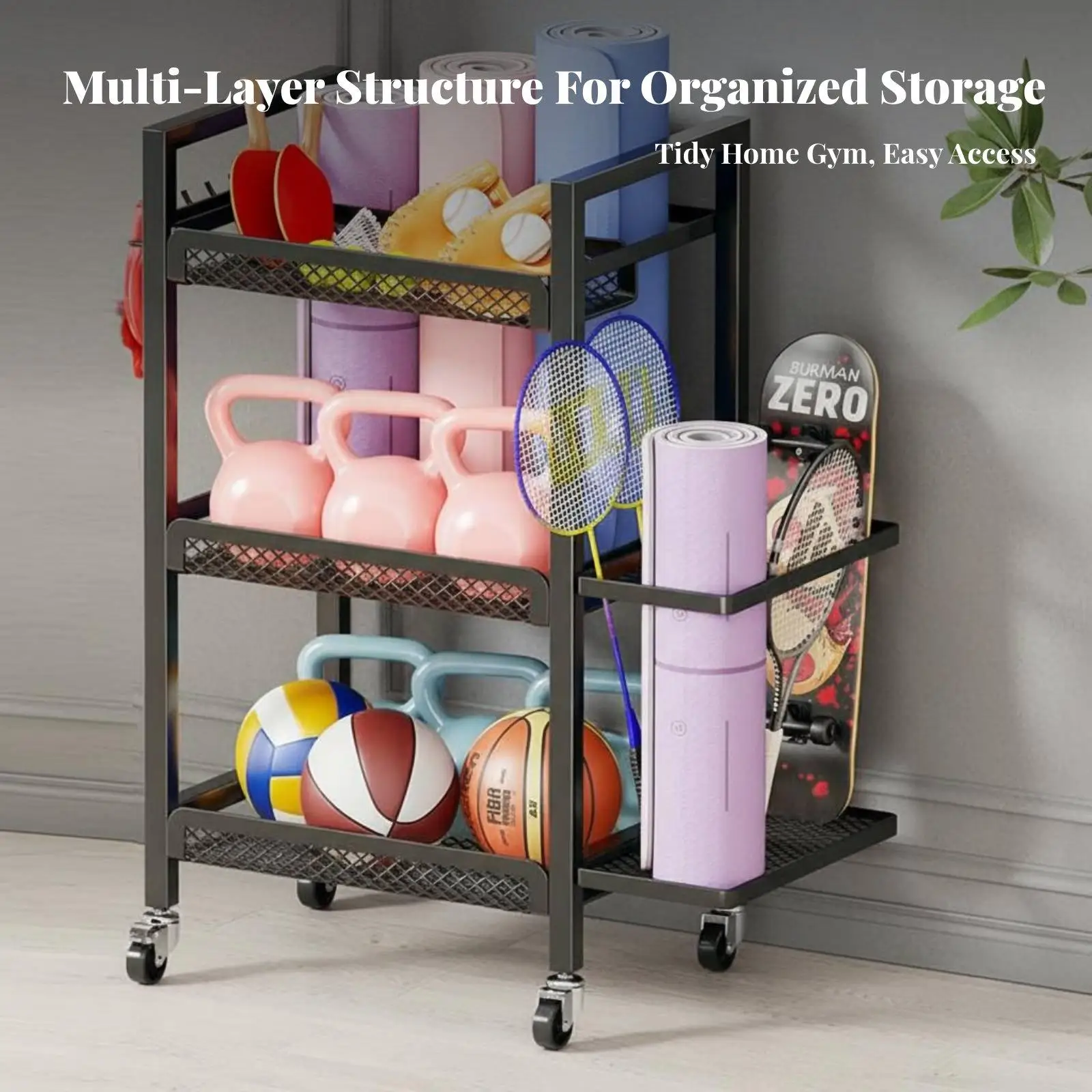 Sports Equipment Shelf Heavy Duty Carbon Steel Storage Rack for Dumbbells Yoga Mats Balls and Rackets with Rolling Wheels