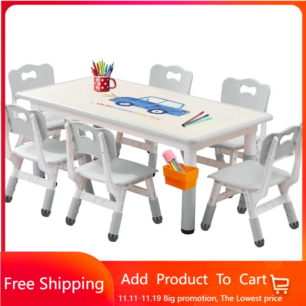 Kids Table and Chairs Set, Height Adjustable Desk With 6 Seats for Ages 2-12,Arts & Crafts Table,Graffiti Desktop