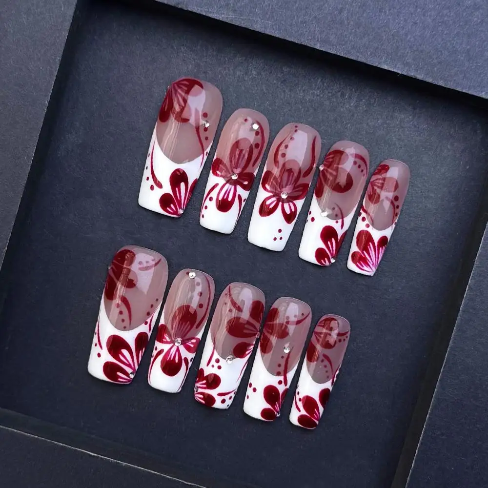 Ręcznie robione, w kolorze wina, retro paznokcie z motywem kwiatowym, zdobione diamentami, średniej długości, kwadratowe, zdejmowane tipsy, sztuczne paznokcie do noszenia.