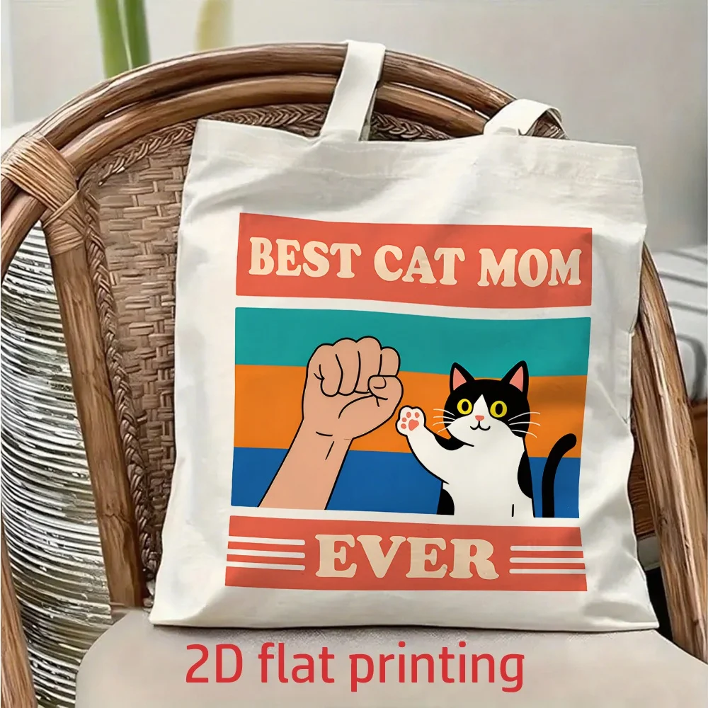 1pc "BEST CAT MOM EVER" Retro Color Block Cat High-Five Tote