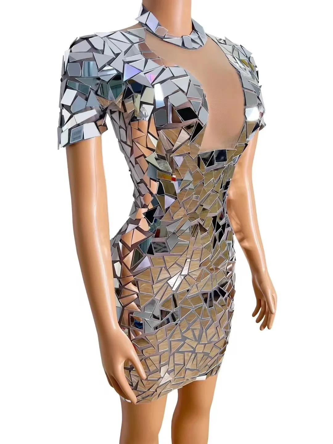 Women Fashion Short Sleeve Mesh Transparent Mirror Mesh Mini Dress Sexy Stage Performance Costume Birthday Party Nightclub Dress image 4