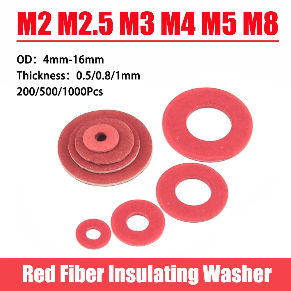 200-1000Pcs Red Fiber Insulation Washer Vulcanized Fiber Electrical Insulating Flat Gasket M2/M2.5/M3/M4/M5/M8