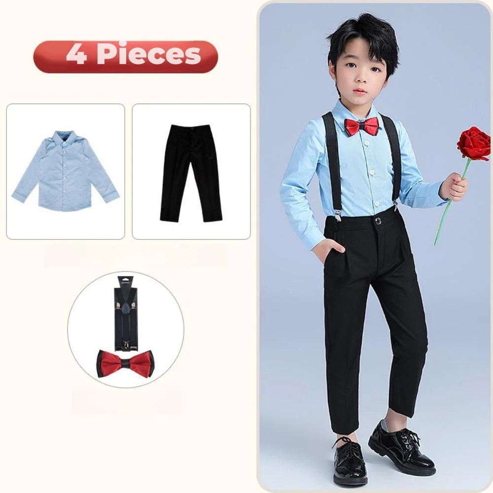Formal Kids Overalls Sets 4 Pieces Shirt Pants With Straps Bow-tie Wedding Ring Bearer Outfit Comfortable Jumpsuit For Play