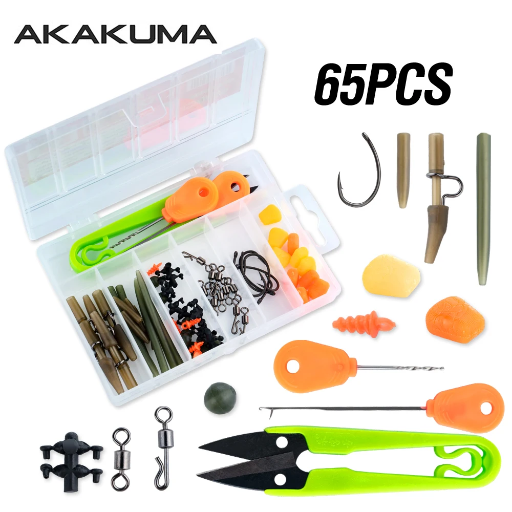 65Pcs Boxed Karpfen Feeder Angeln Zubehör Set Angelhaken Wirbel Karpfen Künstliche Köder Silikon Mais für Karpfen Angeln