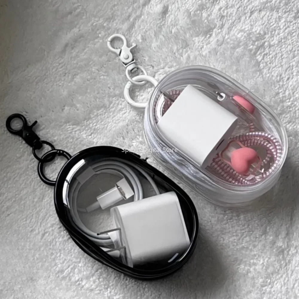 Portable Mini Transparent Storage Bag with Zipper Multifunctional Headphone and Charger Case Travel Accessories with Keychain