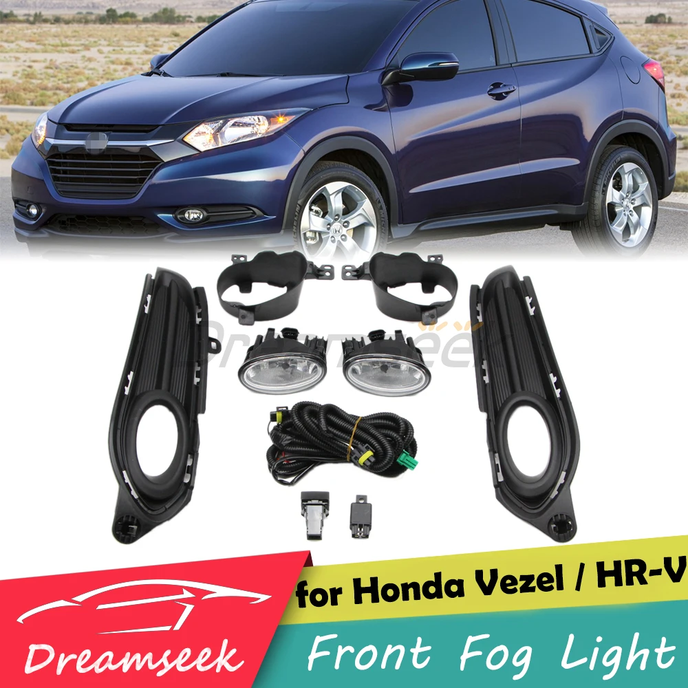LH+RH Side Fog Light Kit For Honda HR-V HRV Vezel 2014-2018 Front Bumper Lamp Bezel W/ Relay Wiring Switch Harness Cover Bracket