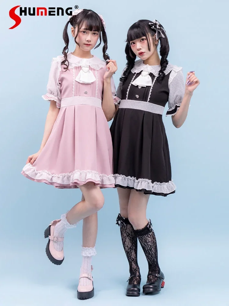 

Japanese Mine Preppy Style Lolita Dress Sweet Cute Bow Lace-up Ruffles Lace Stitching Doll Collar Flare Sleeve Short Dress Women