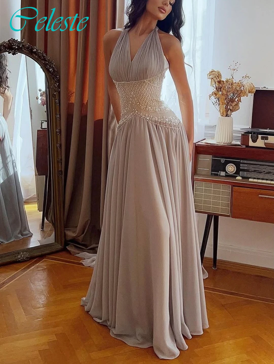 Sukienka wieczorowa w kształcie litery A, bez rękawów, z dekoltem typu halter, elegancka, formalna, modna, delikatna, w stylu gwiazd, podkreślająca temperament, idealna na przyjęcie.