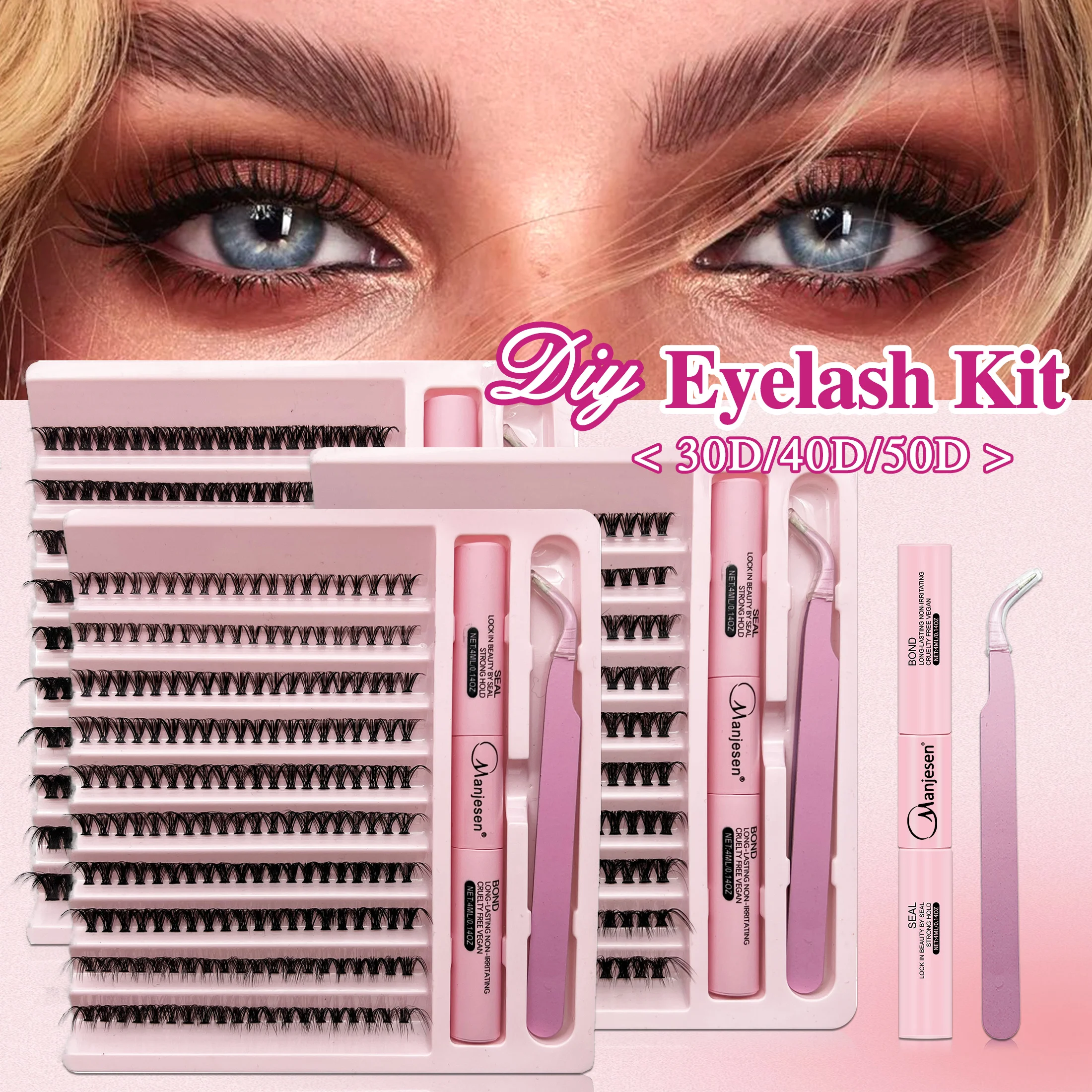 Lasvnna kit de clusters de cílios com retenção forte à prova d'água, kit de extensão de cílios diy, ligação e vedação e pinça de cílios, maquiagem