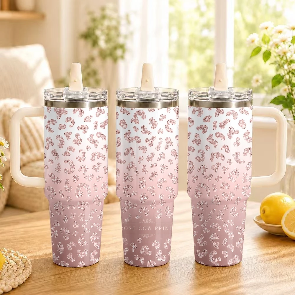 Ombre Pink Leopard Print Vacuum Flasks 40oz Thermal Tumbler Handle Stainless Steel Insulated Water Portable Mug Cup
