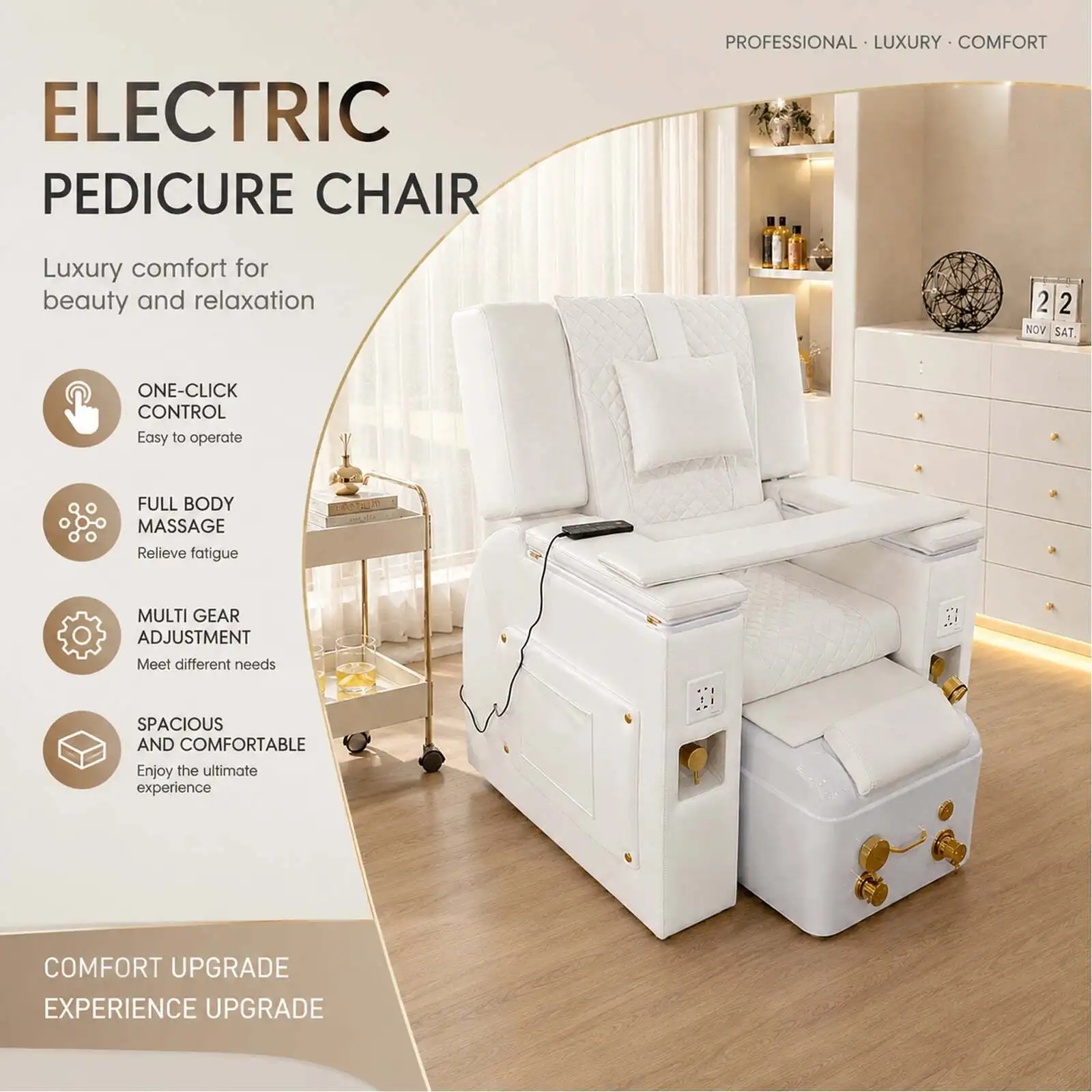 Electric Pedicure Chair with Foot Spa, Luxury White Quilted Leather Manicure Nail Salon Chair with USB Port & Remote Control