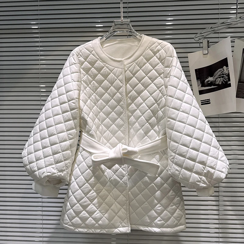 2025 winter new diamond grid pattern pressed cotton medium long loose cotton jacket women's solid simple round neck jacket