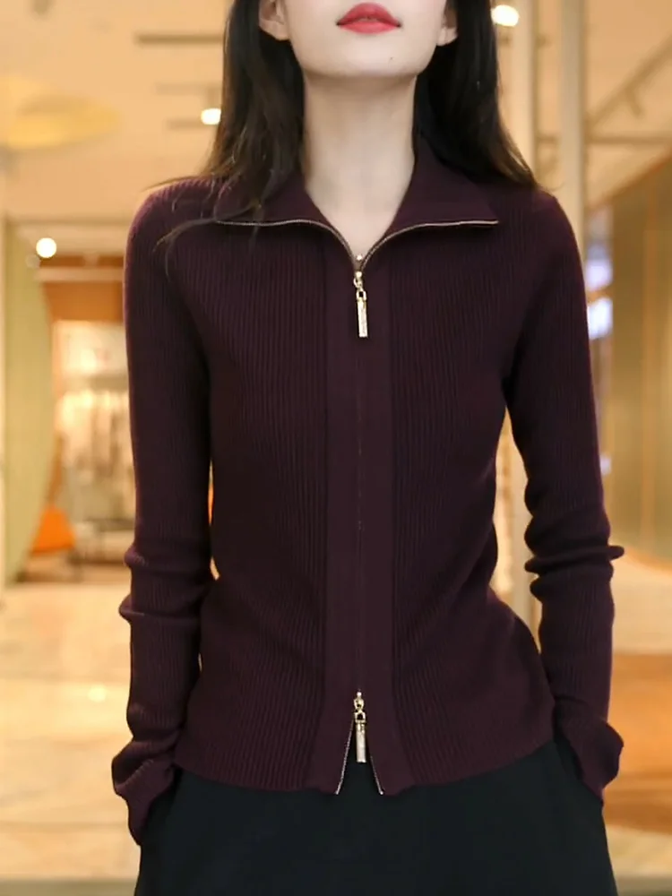 

Korean Sle Vintage Double Zipper Knitted Open Cardigan Autumn New Arrival plus Size Faionable Wine Red Women's Top