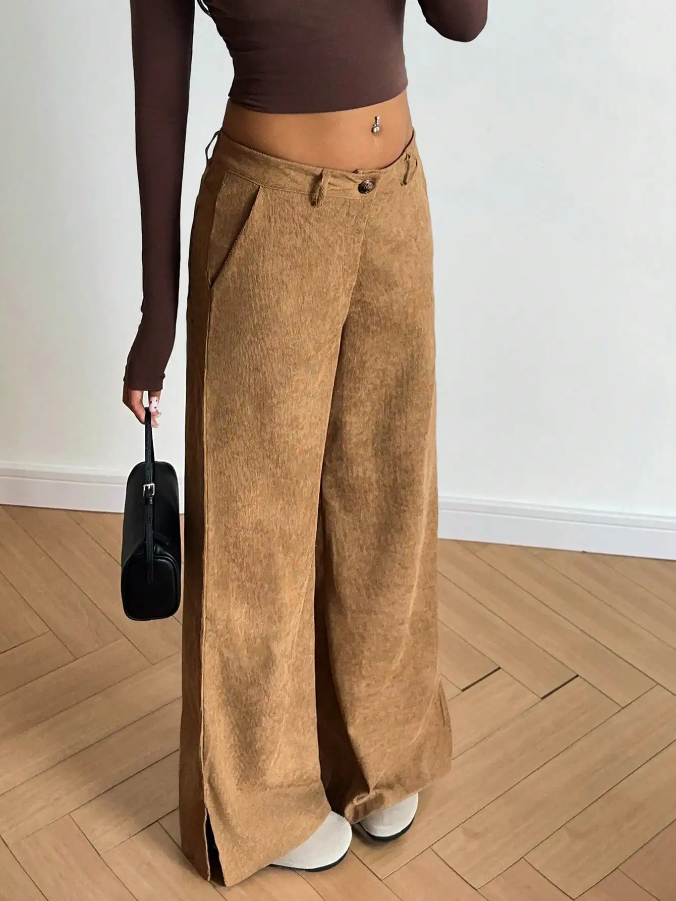 Flirla Herbst/Winter Lässige modische Cord-Seitenschlitz-Maxihose mit lockerem geradem Bein für Damen