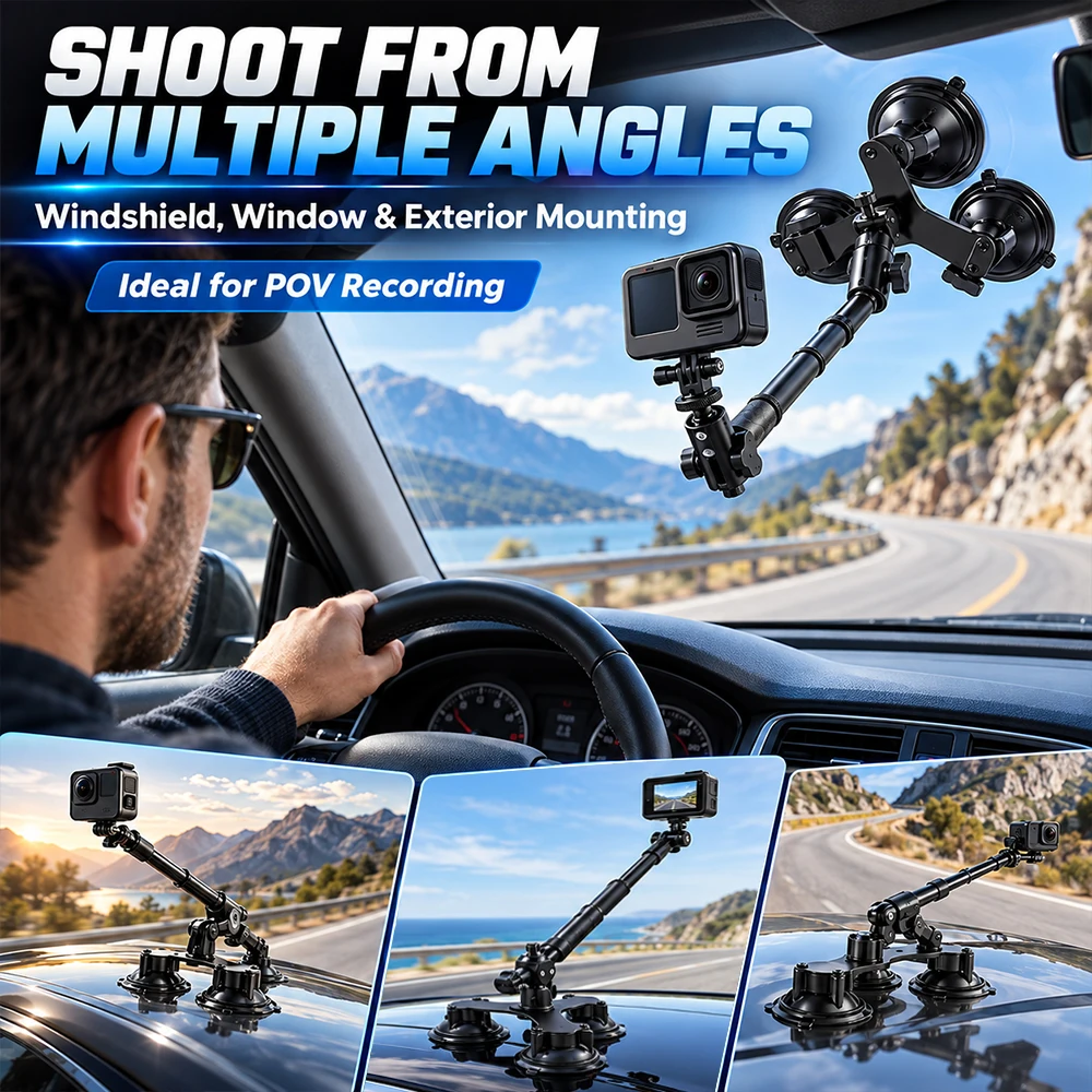 SIHAO Action Camera Suction Cup Car Mount 5 Suction Cups Kit Selfie Stick for Insta360 X4 X3 X2 X One RS One R GoPro