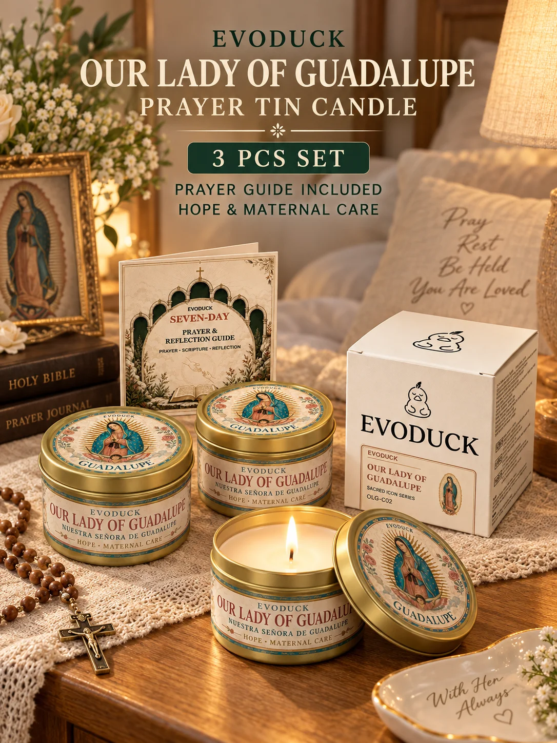 Our Lady of Guadalupe 3PCS Prayer Tin Candle Gift Set, 3 oz Scented Candles with Seven-Day Prayer & Reflection Guide, Hope and Maternal Care Catholic Decor for Home Altar, Prayer Corner, Bedroom, Living Room, Faith-Inspired Family Gift