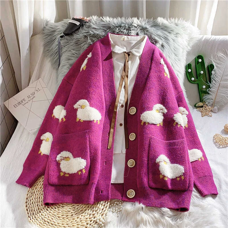 Women Sweater Cardigans V Neck Casual Thick Warm Sheep Knitcoat Fall Korean Fashion Loose Pocket Elegant Design Overwear