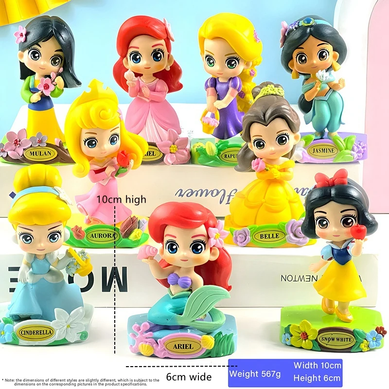 9pcs Disney Princess Anime Figures Set Mermaid Snow White Cinderella Q Version Model Dolls Collection Toys Girls Gift Decoration