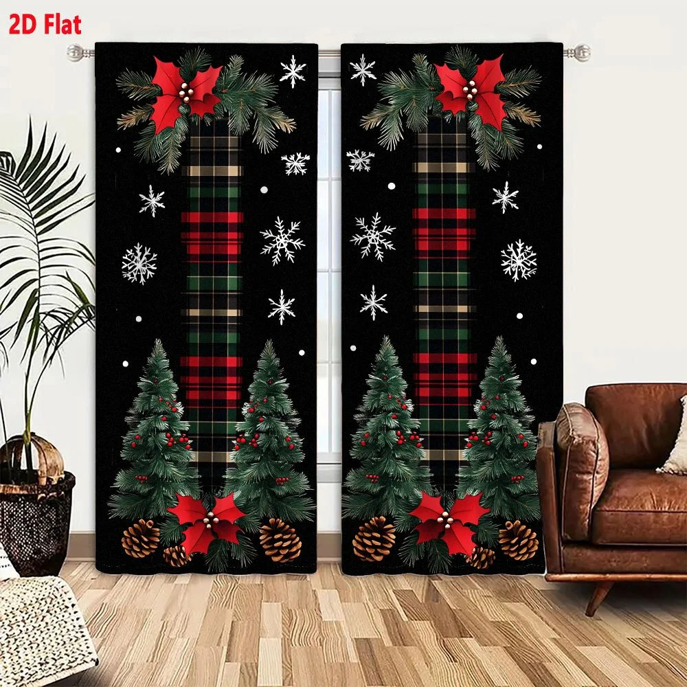 2Pcs Curtains 2D Flat Festive Holiday Design With Black Background Four Green Christmas Trees Red Berries Poinsettia Flowers Pin