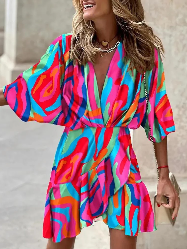 Casual Print Beach Women Sundress Fashion Ruffl V Neck Half Sleeve Irregular Mini Dress For Woman 2022 Autumn Bat Sleeve Clothes