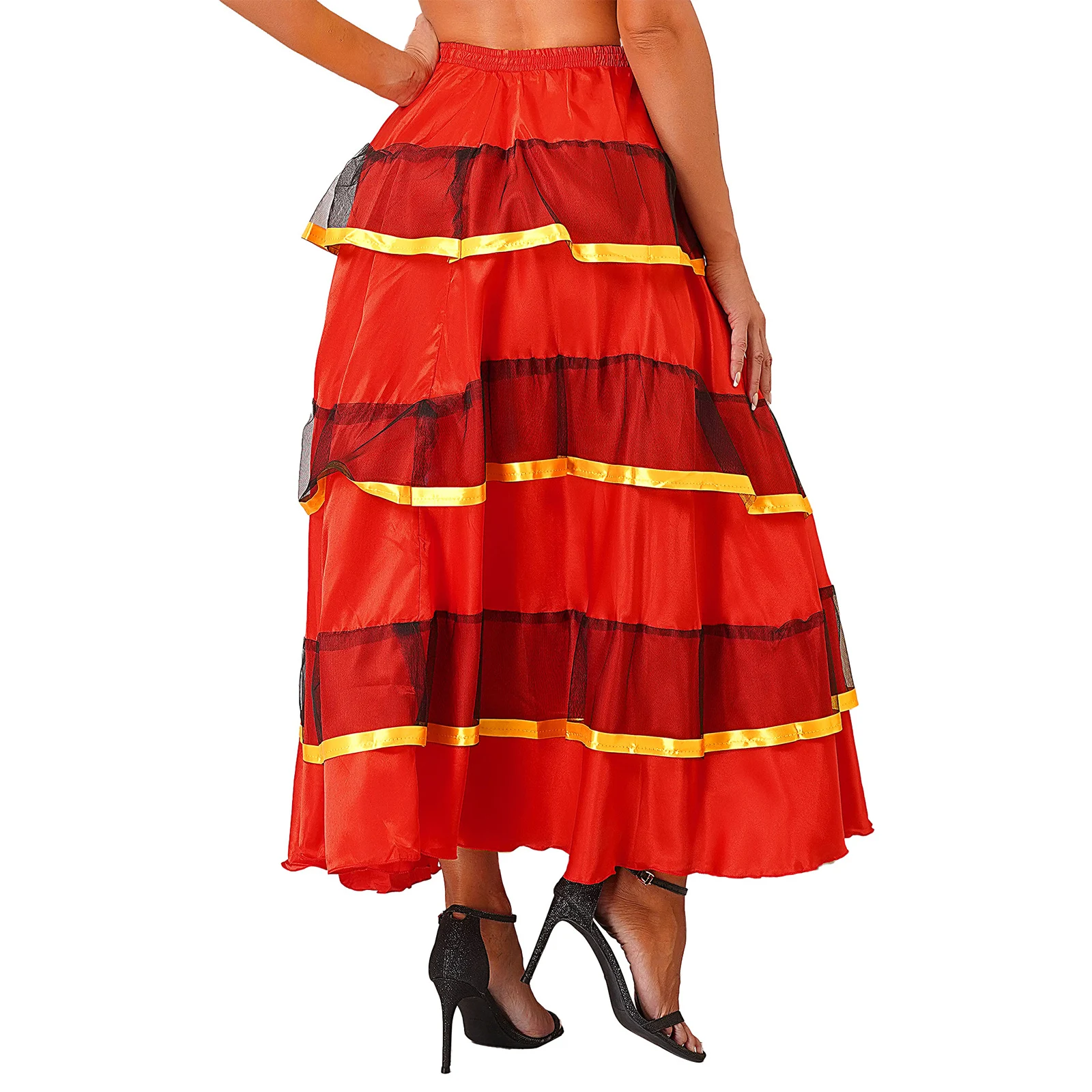 Womens Gypsy Flamenco Dance Skirt Tiered Ruffles Wide Hemline Ballroom Belly Spanish Dancing Skirts Big Swing Carnival Costume