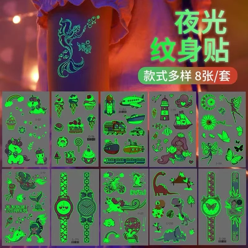 (8 sheets/Lot) Luminous Temporary Tattoo Stickers Kids for Baby Boys Girls Chirldren Fake Body Tattoo Party Decoration Supplies