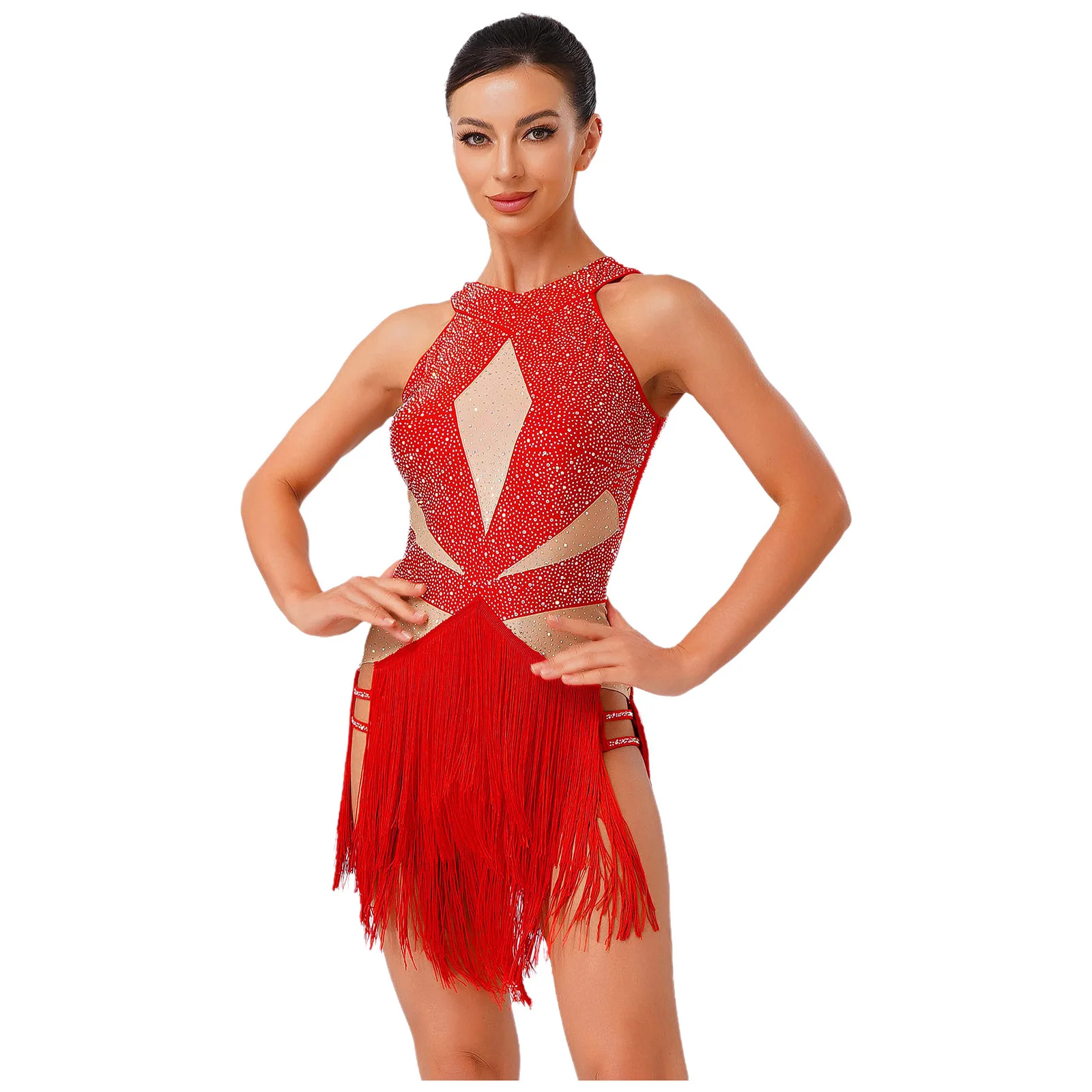 

Women Rhinestones Backless Tiered Tassel Latin Tango Dance Leotard Contrast Color Bodysuit Jumpsuit for Chacha Rumba Samba Dance