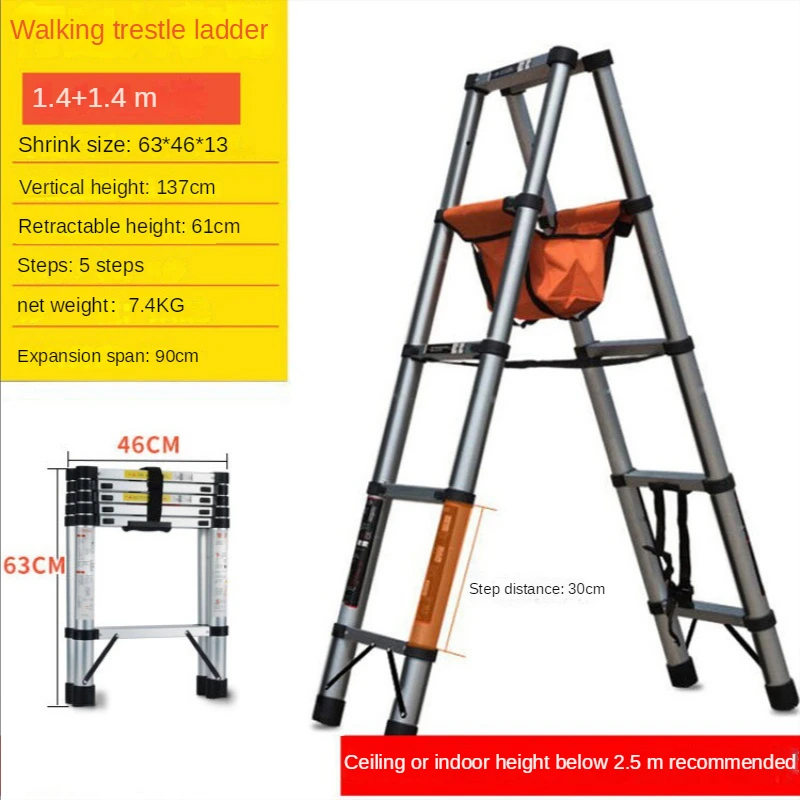 Herringbone Stainless Steel Ladder A-type Telescopic Ladders 5-Step Folding Ladder Non-slip Extension Step Ladders Thicken Stair