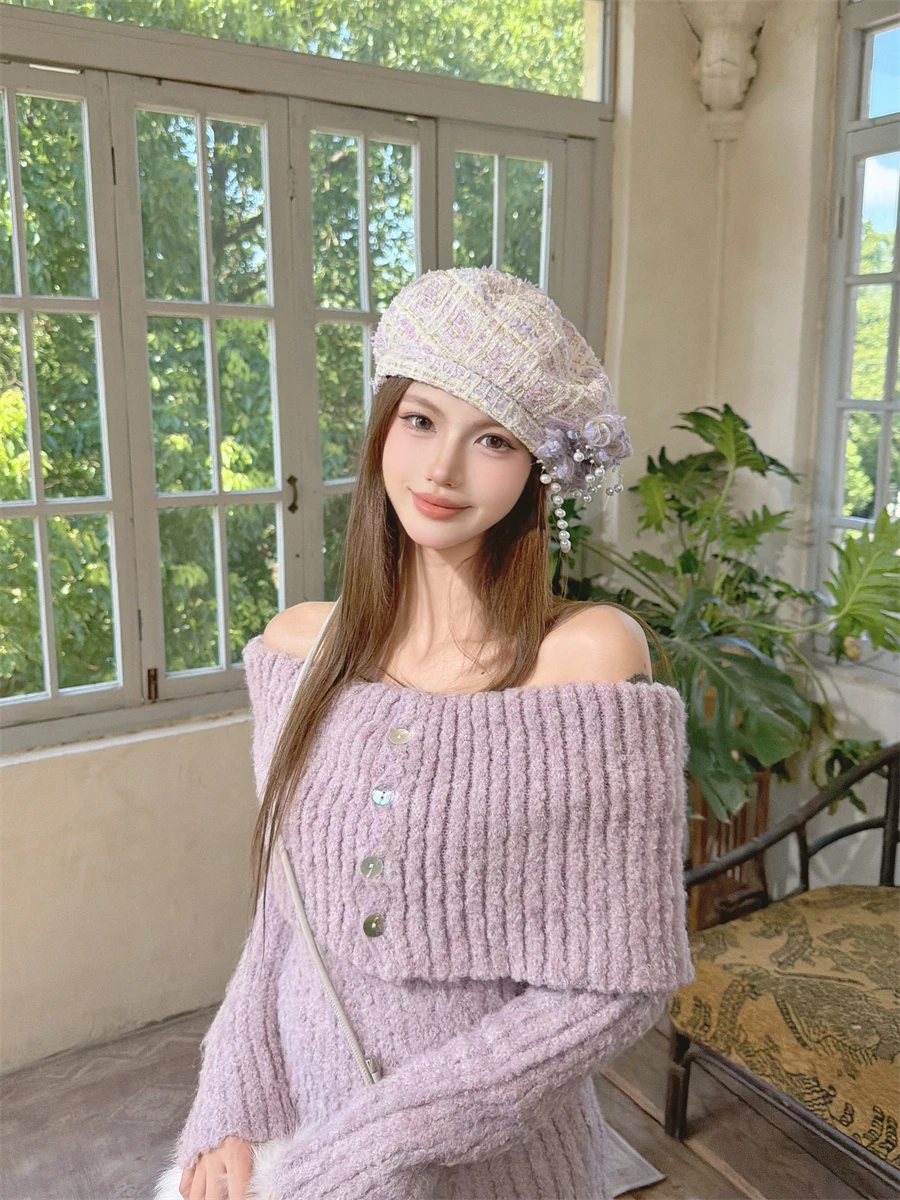 romantic-atmosphere-mixed-wool-pearl-tassel-beret-hat-creampp-original-color-wool-blend-snowflake-flower-design