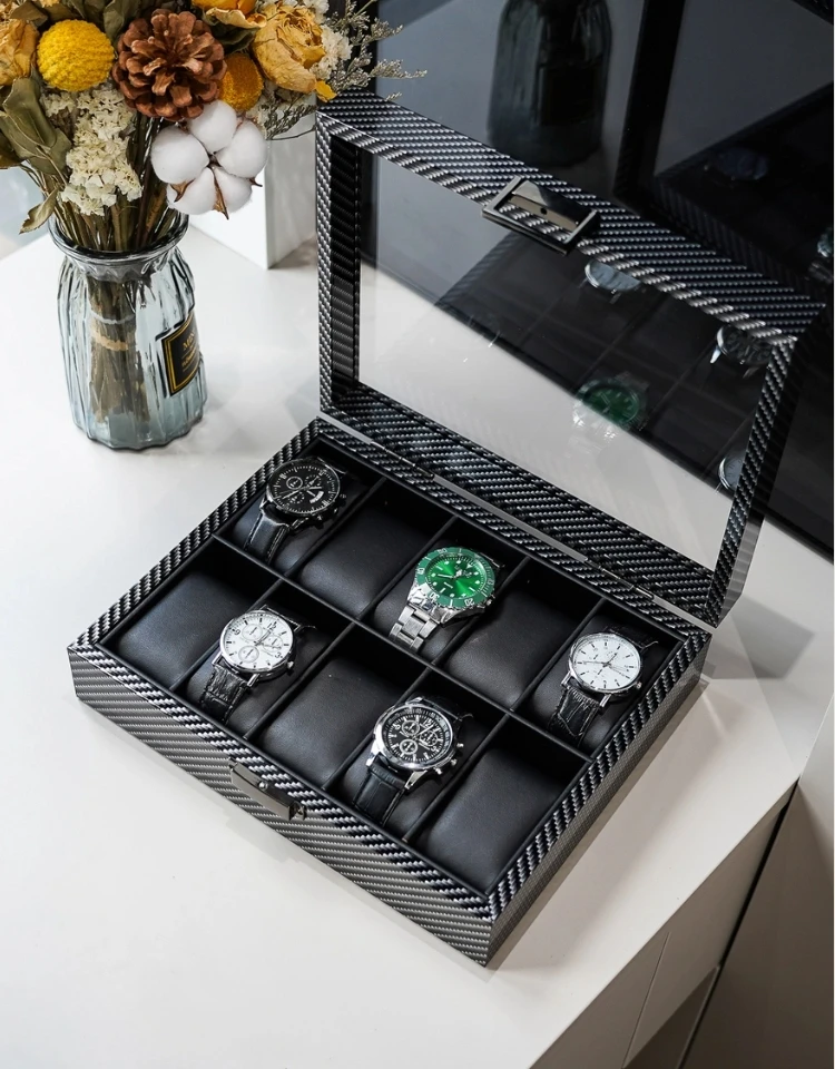 Virtorix Carbon Fiber Texture10/12 Slots Wood Material Watch Boxes For Men Shop Display  Watch Storage Organizer Cases