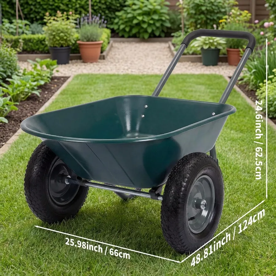Wheelbarrow Garden Cart for home and yard utility use, heavy duty steel frame, green color, dual-wheel design with built-in sta