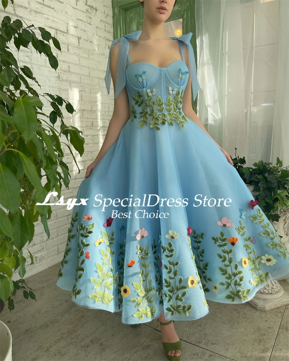 LSYX Pastrol Prom Gown Spaghetti Strap A-line Tea-Length Evening Dresses 2024 Exquisite Applique Birthday Party Dresses