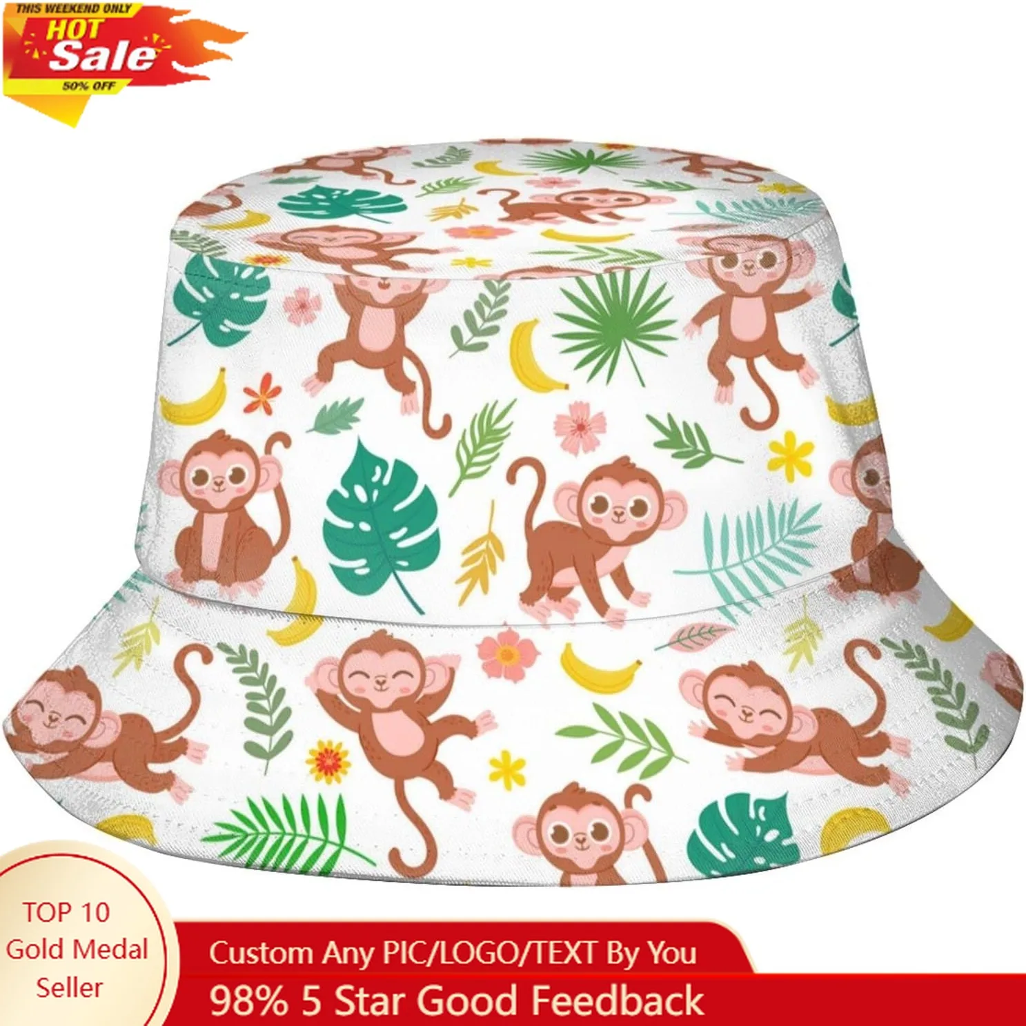 Funny Monkey Bucket Hat Unisex Animal Outdoor Summer Cap Packable Sun Hats for Hiking Beach Sports