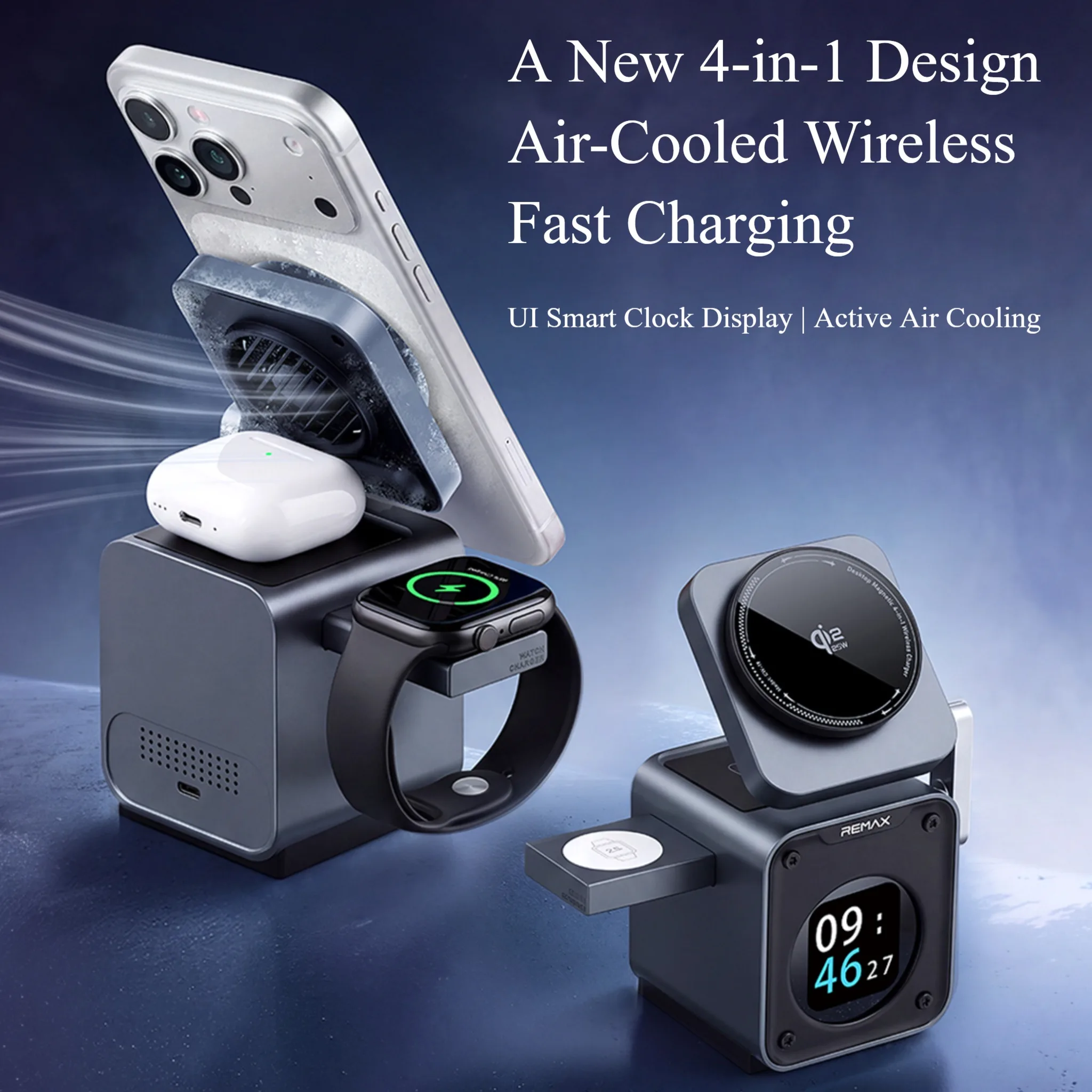 REMAX 32.5W Qi2.2 4-in-1 Wireless Charger with Clock Magnetic PD QC for Phone Watch Earbuds Desktop