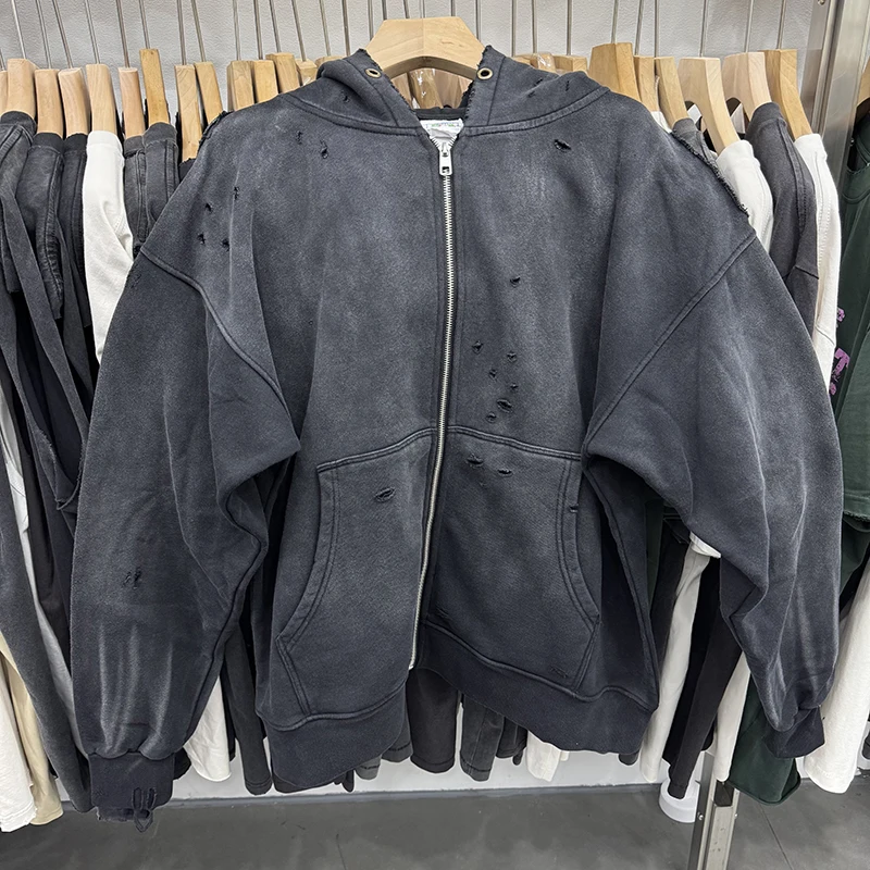 Serie Vintage Saint alta calidad lavado agujero cremallera Color sólido sudaderas con capucha hombres mujeres Casual moda ropa de calle