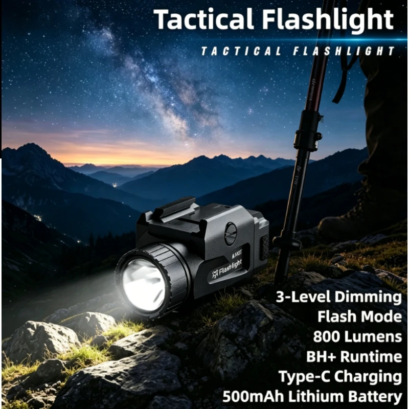 

2026 New Sport Accessory, 800LM Tactical LED Light, 4 Mode USB Rechargeable with Quick Release Picatinny Rail Base