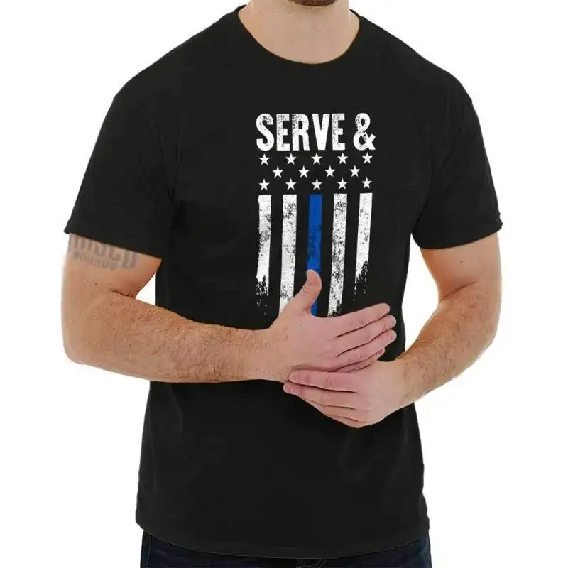 American Flag Blue Line Serve and Protect Womens or Mens Crewneck T Shirt Tee