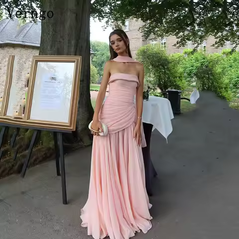 Verngo Baby Pink Evening Dress Elegant Strapless A Line Side Slit Prom Dress Flowing Hand-pleated Prom Party Dress Customized