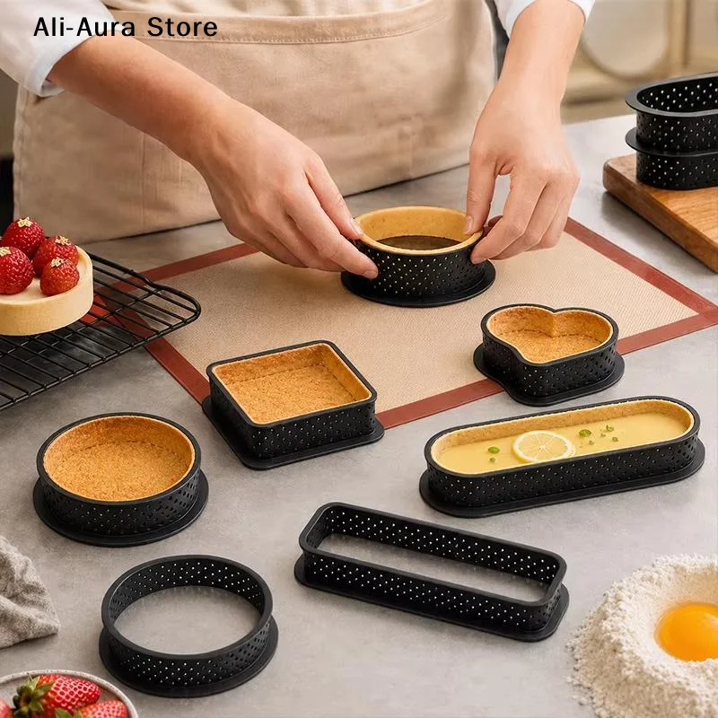 1Pcs Heat Resistant Baking Tools Household DIY Tart Ring Non Stick Perforated Cake Pie Mousse Mold