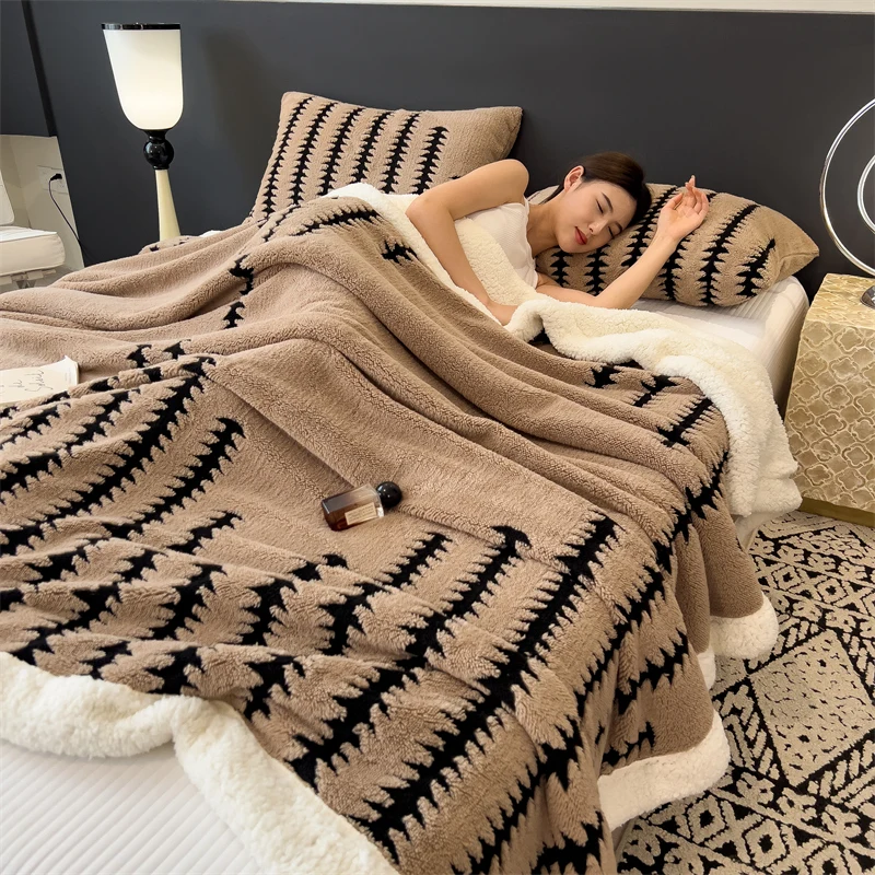 Solid Color Jacquard Blanket for Beds Super Thick Lamb Fleece Blanket for Winter Single/Queen/King Size Warm Plaids/Bedspread