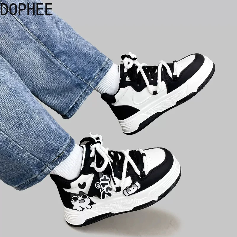 All-match Spring Autumn School Students High-top Sneakers Round Toe Lace-up Cute Cartoon Platform Sole Casual Women Sport Shoes