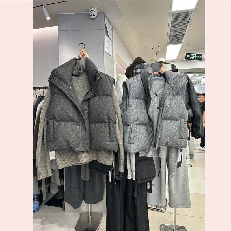Women's Tweed Vest Sleeveless Stand Collar Zip Up Flap Pockets Korea Chic Streetwear Elegant Casual Outerwear