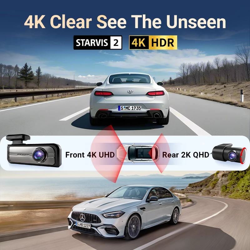 Dual Dash Cam, 4K UHD Car Camera DVR, Built-in WiFi, Night Vision, 24H Parking Monitor Video Recorder, 2 inch Display, G-Sensor