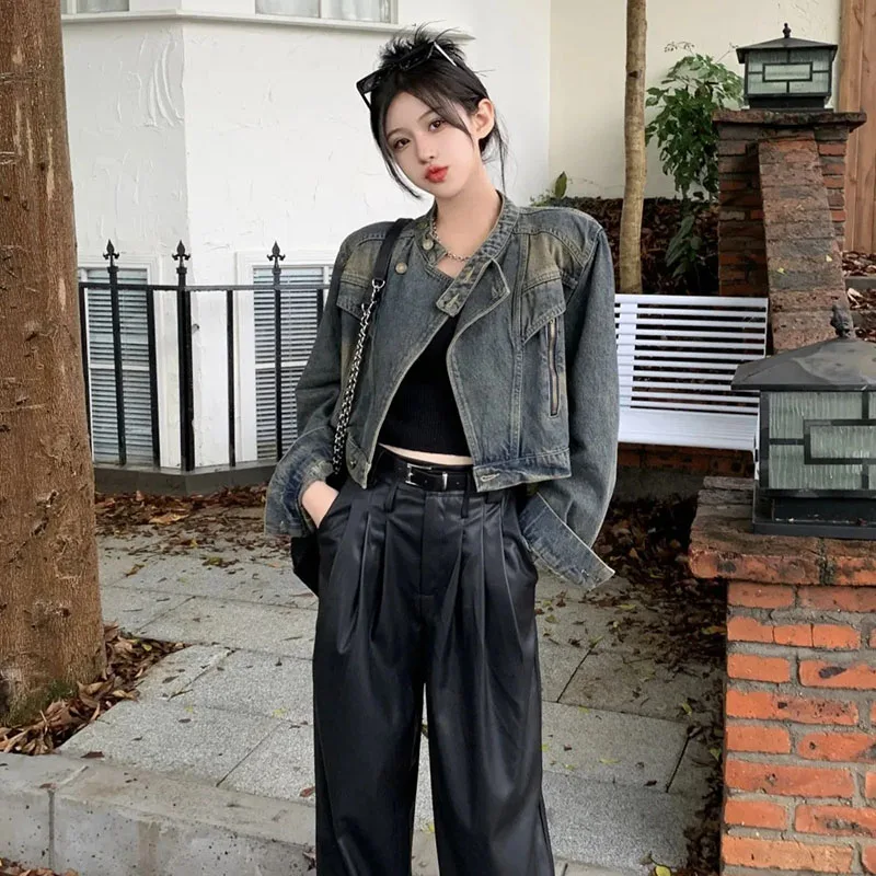 Vintage Cropped Denim Jacket for Women 2024 Spring Autumn Long Sleeve Moto Biker Coat Woman Casual Lapel Zipper Jacket Ladies