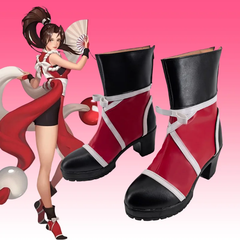 Buty do cosplayu Mai Shiranui, gra KOF, czerwono-czarne botki ze sztucznej skóry dla kobiet